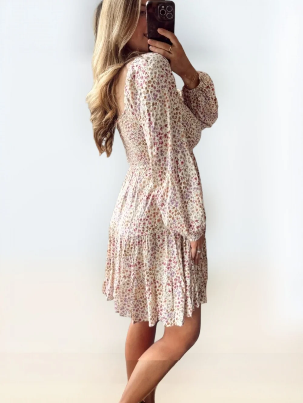 Hem&Thread Smocked Floral Babydoll Dress in Cream Pink Purple NWT SMALL